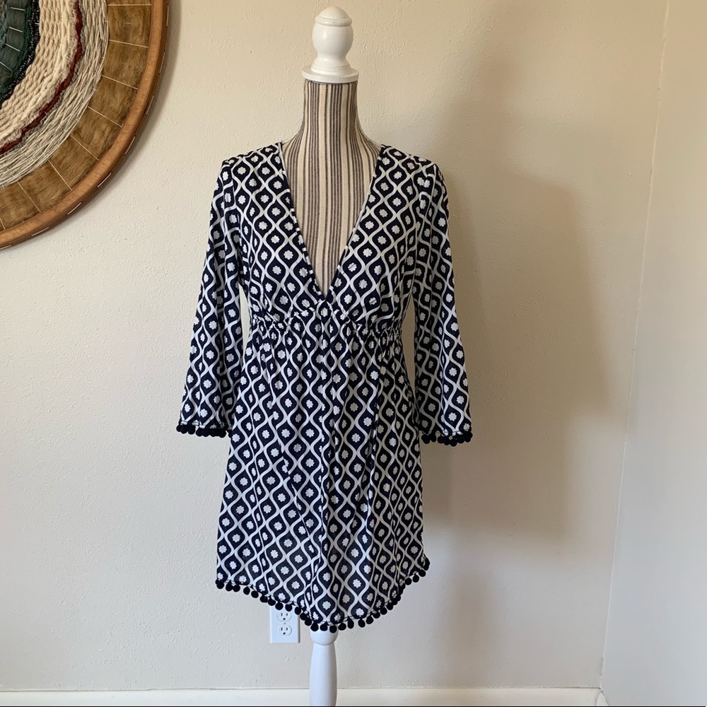 Boden Swimsuit Cover Navy Kaftan Pom-poms Woman’s 8